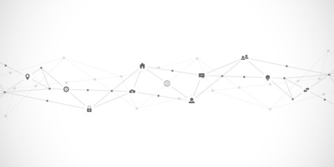 Information technology background with infographic elements and flat icons. Digital technology, network connection and communication concept