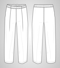 Pants Technical Fashion Flat Sketch Vector Illustration With Mid Calf Length, Normal Waist. Flat Breeches Bottom Front And Back Views. Woman, Man CARD Mock Up. Apparel Pants Mock Up.