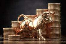 Golden Bull And Coins . Financial Investment In Bull Market And Growth Of Stock Market Concept.