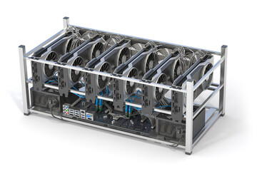 Poster - Mining farm from graphics cards GPU standing in a row isolated on white