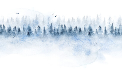 Wall Mural - seamless pattern with winter spruce forest. watercolor painting isolated on white background.