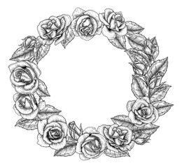 Wall Mural - Rose Flower Border Woodcut Vintage Circle Frame