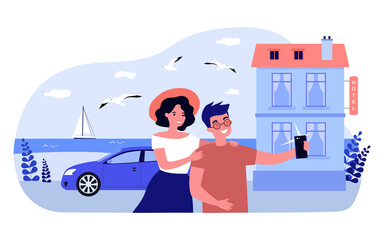 Poster - cartoon couple taking selfie together in front of hotel. boyfriend and girlfriend taking photo on ph