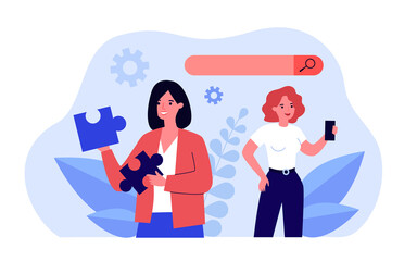 Poster - Search engine analytics flat vector illustration. Cartoon women searching for information on Internet, researching web algorithms. Internet, search, information technology concept for banner design
