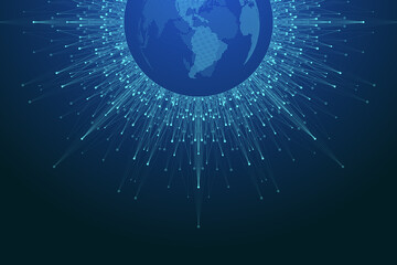 Fototapete - World map point with global technology networking concept. Digital data visualization. Lines plexus. Big Data background communication. Scientific illustration.