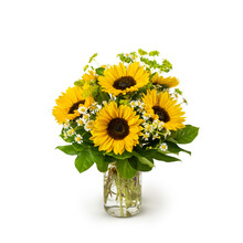 Bouquet Of Sunflowers In Vase Mason Jar - Yellow Flower Arrangement Isolated On White Background - Autumn Flowers - Fall Season