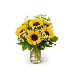 bouquet of sunflowers in vase mason jar - yellow flower arrangement isolated on white background - a