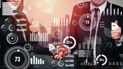 Poster - conceptual business handshake with dashboard for financial data analysis . 3d render computer graphi
