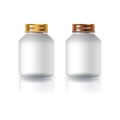 Wall Mural - Blank white round supplements, medicine bottles with gold-copper screw lid for beauty, healthy product.