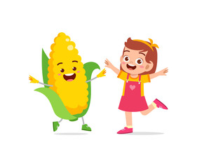 Wall Mural - cute little girl stands with corn character