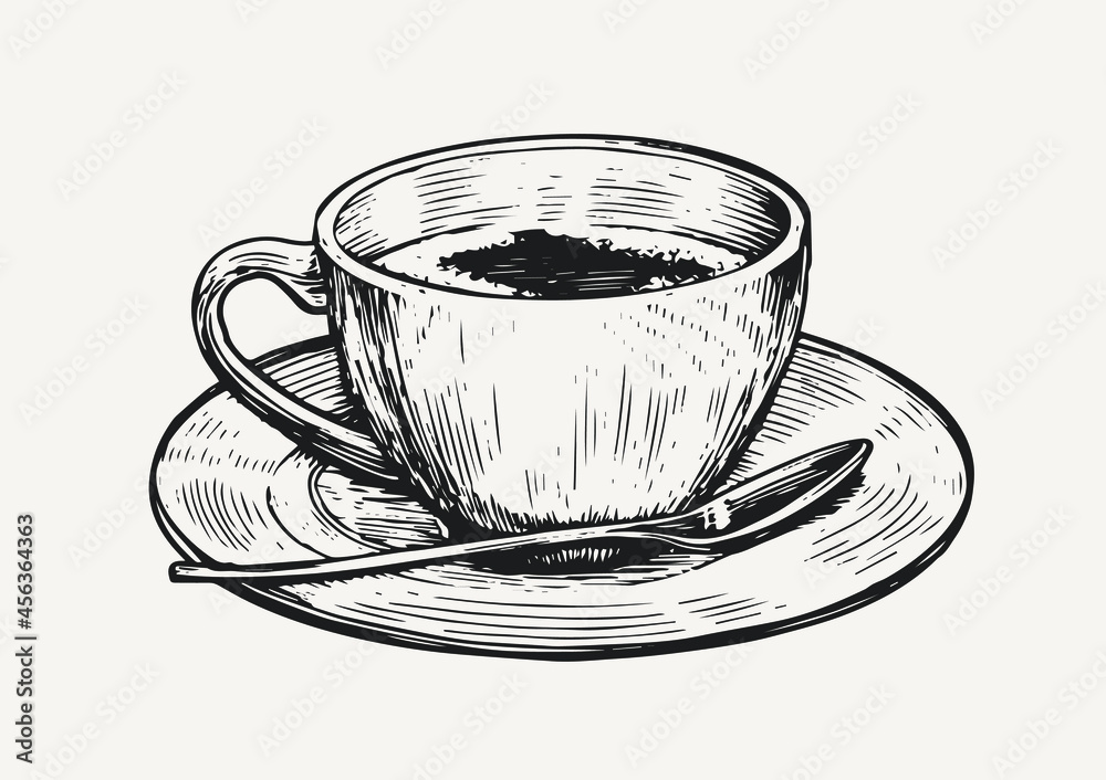 Cafe coffee cup in engraved style. Hand drawn sketch vintage vector ...