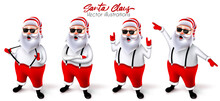 Santa Claus Christmas Character Vector Set. Santa Claus 3d Characters In Cool And Jolly Pose With Rock N Roll And Dancing Gestures For Cute Xmas Collection Design. Vector Illustration.
