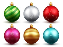 Christmas Balls Vector Set Design. Colorful 3d Realistic Christmas Ball With Xmas Print And Patterns Isolated In White Background For Holiday Ornament Decoration. Vector Illustration.
