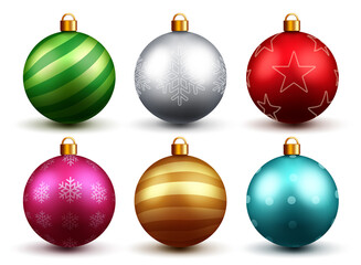 christmas balls vector set design. colorful 3d realistic christmas ball with xmas print and patterns