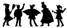 Black Silhouettes Of Children Dressed In Halloween Fancy Costumes To Go Trick Or Treating And Celebrate Halloween Party, Flat Cartoon Vector Illustration Isolated On White Background.