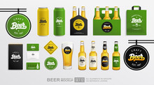 Beer Brand Identity Mockup Set With Logo Concept And Bottles Package. Set Of Glass Bottle Mockup, Tin Can, Packaging Box. Beer Shop And Pub Branding Mockup Set With Vintage Beer Logo. Vector Template