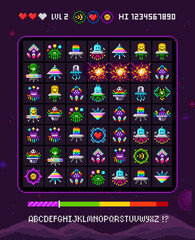 Sticker - colorful 8 bit pixel space monsters and ufo aliens - vector design for retro video game design. cute