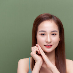 Wall Mural - Beautiful young woman with silky skin after spa treatment on color background