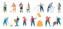 Farmers Working At Farm, Agricultural Workers And Gardeners With Tools. Farmer Watering Plants, Harvesting Crops, Gardening Vector Set. Male And Female Characters With Equipment For Vegetables