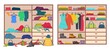Messy wardrobe, open closet before and after organizing clothes. Tidy or untidy wardrobe, clothing declutter and organization vector illustration. Arranged and scattered outfits and accessories
