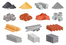 Cartoon House Building Materials, Industrial Construction Supplies. Beton, Cement, Concrete, Sand, Bricks, Planks, Metal Pipes Vector Set. Isolated Stacks Of Gypsum Blocks, Roof Elements