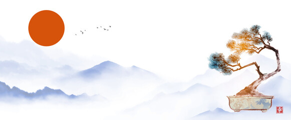 Bonsai pine tree and misty mountains with gentle slopes.Traditional oriental ink painting sumi-e, u-sin, go-hua. Hieroglyph - happiness.