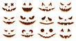 © Валерия Соловьева - Funny physiognomies. A collection of Halloween pumpkins with carved silhouettes of faces isolated on white. A template with many eyes, mouths, noses for cutting out jack o lantern. Color Vector