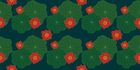 Wall Mural - Horizontal red lotus flowers seamless pattern design
