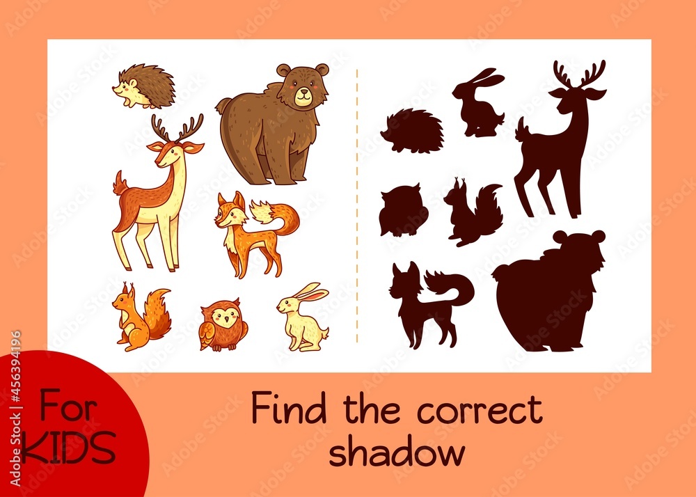 Find the correct shadow game for kids with cartoon forest animals ...