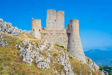 Castle of Rocca Calascio and Santa Maria della Pieta church, Aquila, Abruzzo, Italy. Part of Gran Sasso National Park, location for several film scenes, one of 15 most beautiful castle in the world