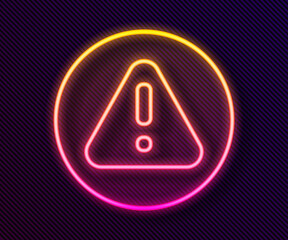 Poster - Glowing neon line Exclamation mark in triangle icon isolated on black background. Hazard warning sign, careful, attention, danger warning important. Vector