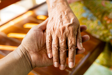 Hands of the old woman on hand of the young man