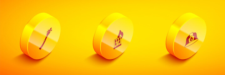 Sticker - Set Isometric Fire hose reel, in burning building and Firefighter helmet icon. Vector