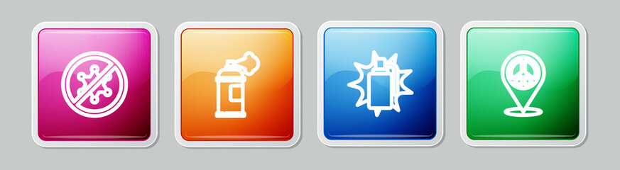 Sticker - Set line Protest, Paint spray can, Hand grenade and Location peace. Colorful square button. Vector