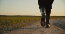 AGRICULTURE. Man Farmer In Rubber Boots Walks Along A Country Road Near A Green Field Of Wheat Grass. Concept Of Agricultural Business.