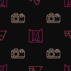 Sticker - Set line Mountains, Photo camera and Waterfall on seamless pattern. Vector