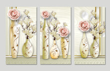 Illustration Vase.
Golden Branches And Lines With Rose Flowers And Pearl In Light Background.
Canvas Art For Wall Frame .