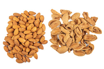 Wall Mural - Delicious sweet almonds lie in a large heap, nuts close-up. Fresh nuts, almonds as a background.