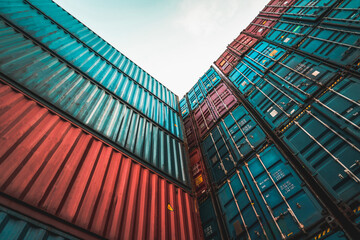 Cargo container for overseas shipping on high stack look up from ground . Logistics supply chain management and international goods export concept .