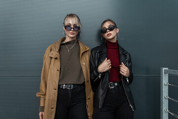 Vogue two fashionable young women in stylish sunglasses in leather jackets with black jeans posing near a metal wall on the street