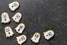 Gingerbread White Ghost Halloween On Dark Stone Background