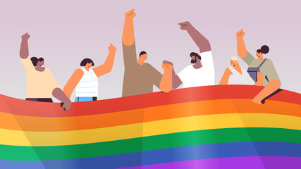 Wall Mural - mix race people group holding lgbt rainbow flag gay lesbian love parade pride festival transgender love concept