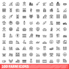 Poster - 100 farm icons set. Outline illustration of 100 farm icons vector set isolated on white background
