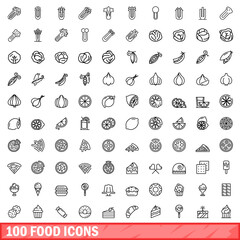 Sticker - 100 food icons set. Outline illustration of 100 food icons vector set isolated on white background