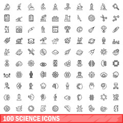 Poster - 100 science icons set. Outline illustration of 100 science icons vector set isolated on white background