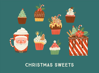 Wall Mural - Set of Christmas sweets and drink. Vector illustration.