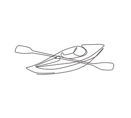 Poster - single continuous line drawing canoe trails and rafting club with kayaking equipment. vintage mounta