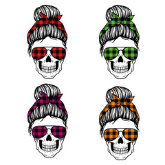 Wall Mural - Female skull  with aviator glasses bandana and Buffalo Plaid print. Messy Bun Mom Lifestyle. Vector illustration.  Isolated on white background. Good for posters, t shirts, postcards.