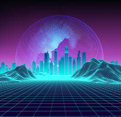 Wall Mural - retro landscape with cyber city and digital planet on background. vector illustration.