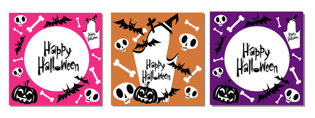 Wall Mural - Vector set of halloween posters with pumpkins, skull, bat for greeting cards, invitations, fabrics, paper, textile, gift wrap isolated on black background in cartoon style